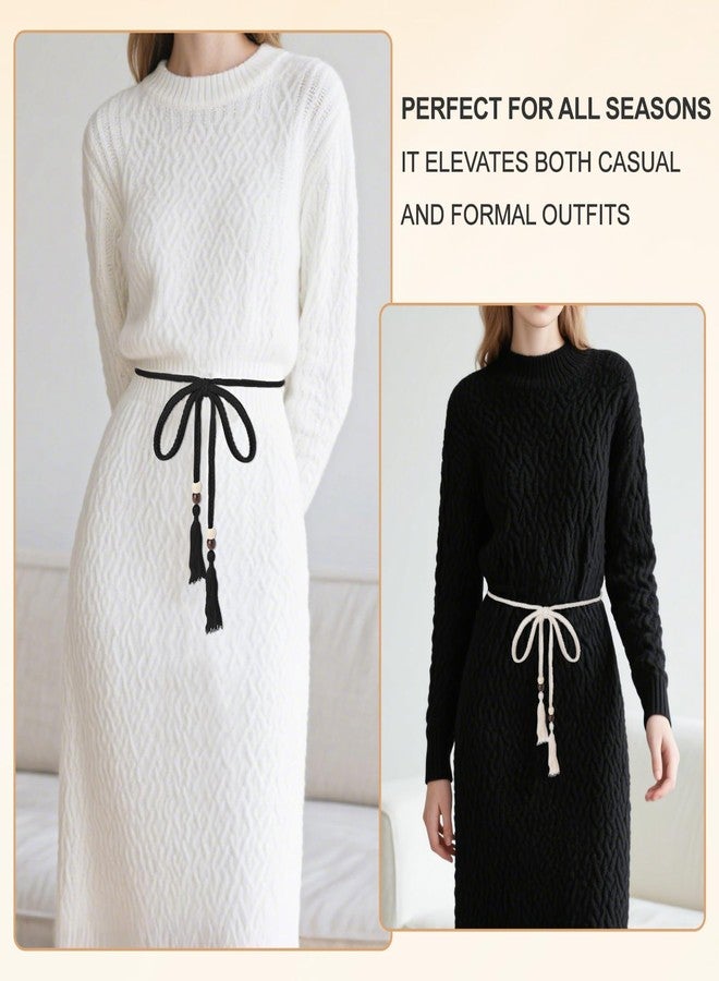 Suohheh 2 Pcs Tassel Braided Waist Belt for Women Trendy, Thin Boho Rope Belts for Women Cotton Rope Chain Ties Waistband for Cloth Tunics Beaded Skirt Dress Pants Robe Bowknot Decorative(Black & Beige) - Image 4